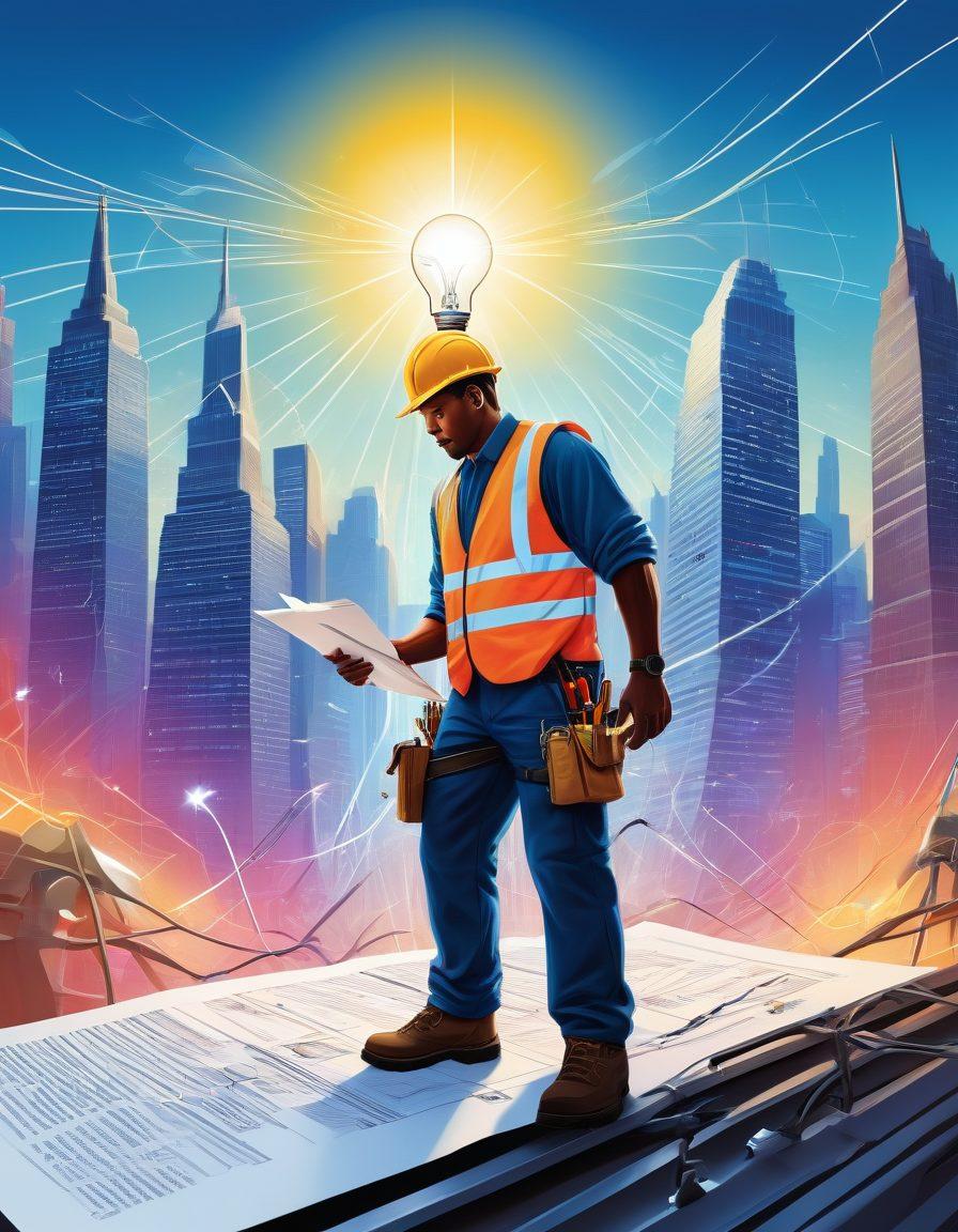 A dynamic illustration showcasing an electrical contractor navigating through a maze of insurance policy documents, with electrical tools like wrenches and cables scattered around. Include visual metaphors like a compass guiding through the documents, and a glowing lightbulb representing insights. The backdrop features a city skyline under a bright blue sky, symbolizing opportunity and challenge. vibrant colors. vector art.