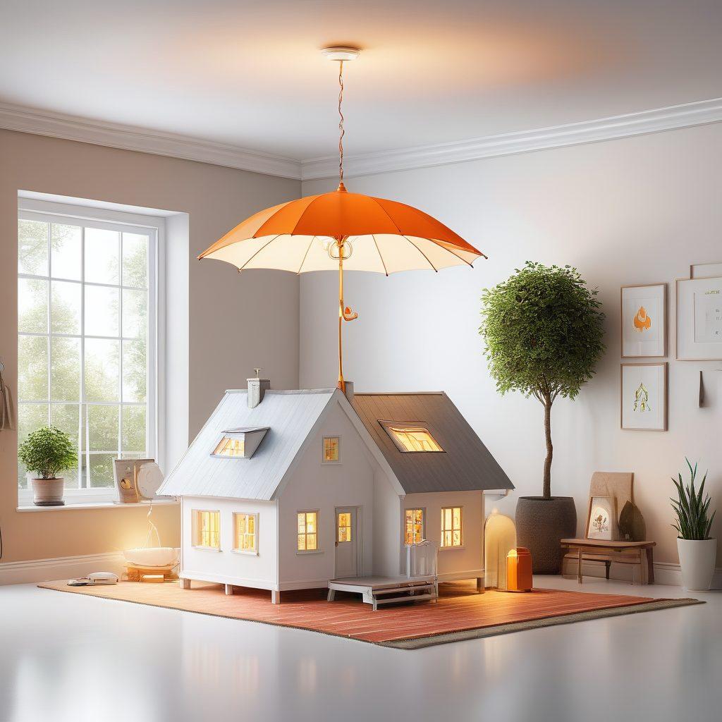 A visually striking representation of a home with various electrical appliances surrounded by an aura of safety, showcasing shields and protective gear symbolizing insurance coverage. Incorporate elements like a glowing light bulb, insurance symbols like a shield or umbrella, and a checklist of features to consider, such as comprehensive coverage, customer service, and affordability. Use bright colors to convey security and reassurance. super-realistic. vibrant colors. white background.
