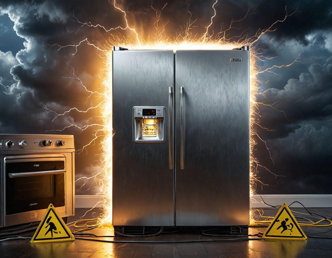 A dynamic visual representation of electricity insurance, featuring a protective shield made of electric sparks encompassing various household appliances, power lines, and storm clouds in the background. Highlight risk management practices like a checklist and safety gear around the shield. Use a color palette of blue and yellow to symbolize energy and caution. super-realistic. vibrant colors. 3D.